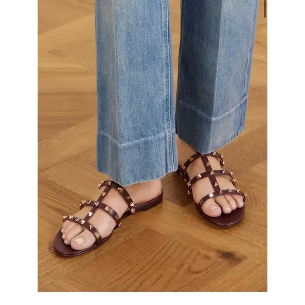 Valentino Garavani Rockstud Caged Leather Slide Sandal Bark Brown 36